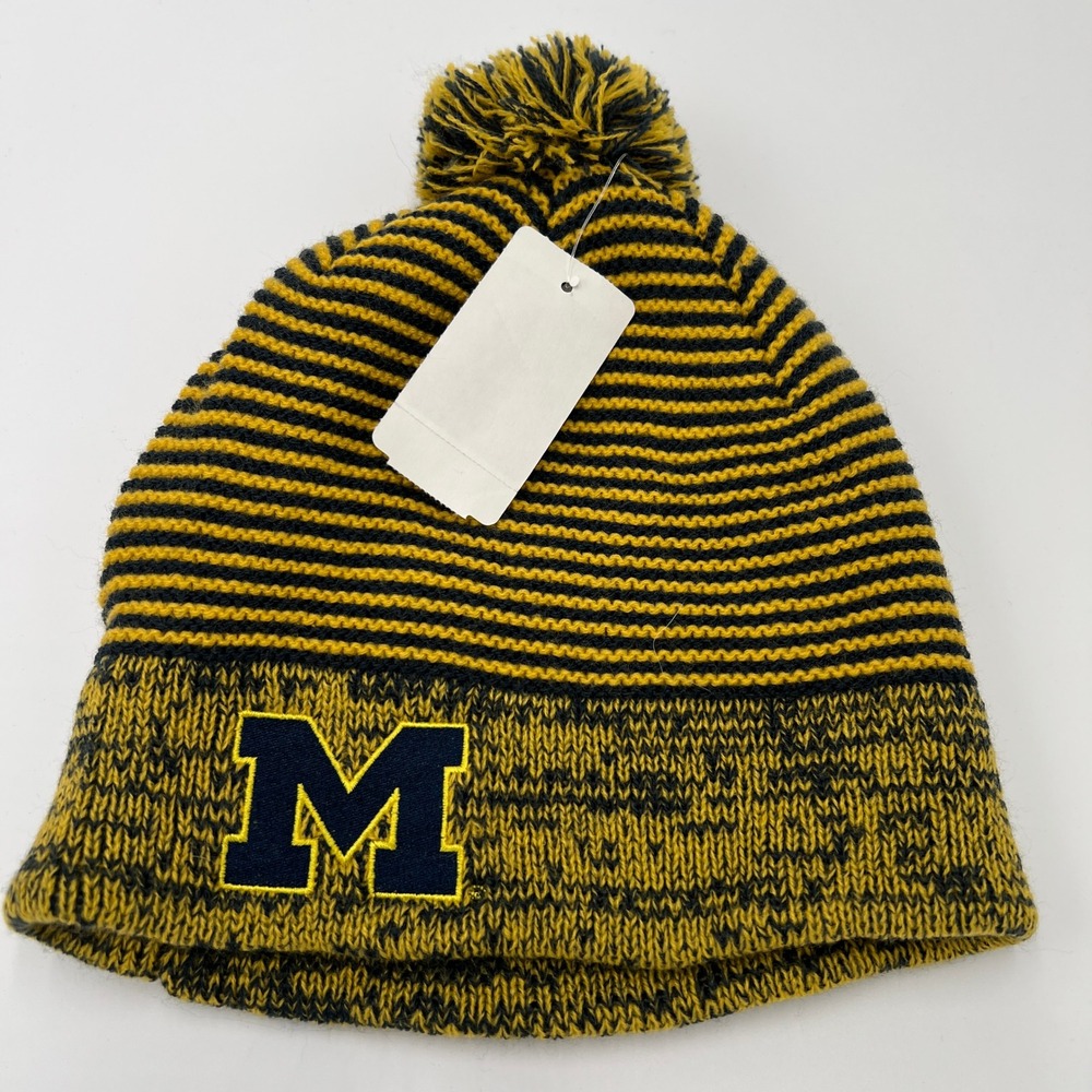 Michigan Wolverines NCAA Knit Beanie Hat Pom Pom Yellow Black‎ One Size Fits All
